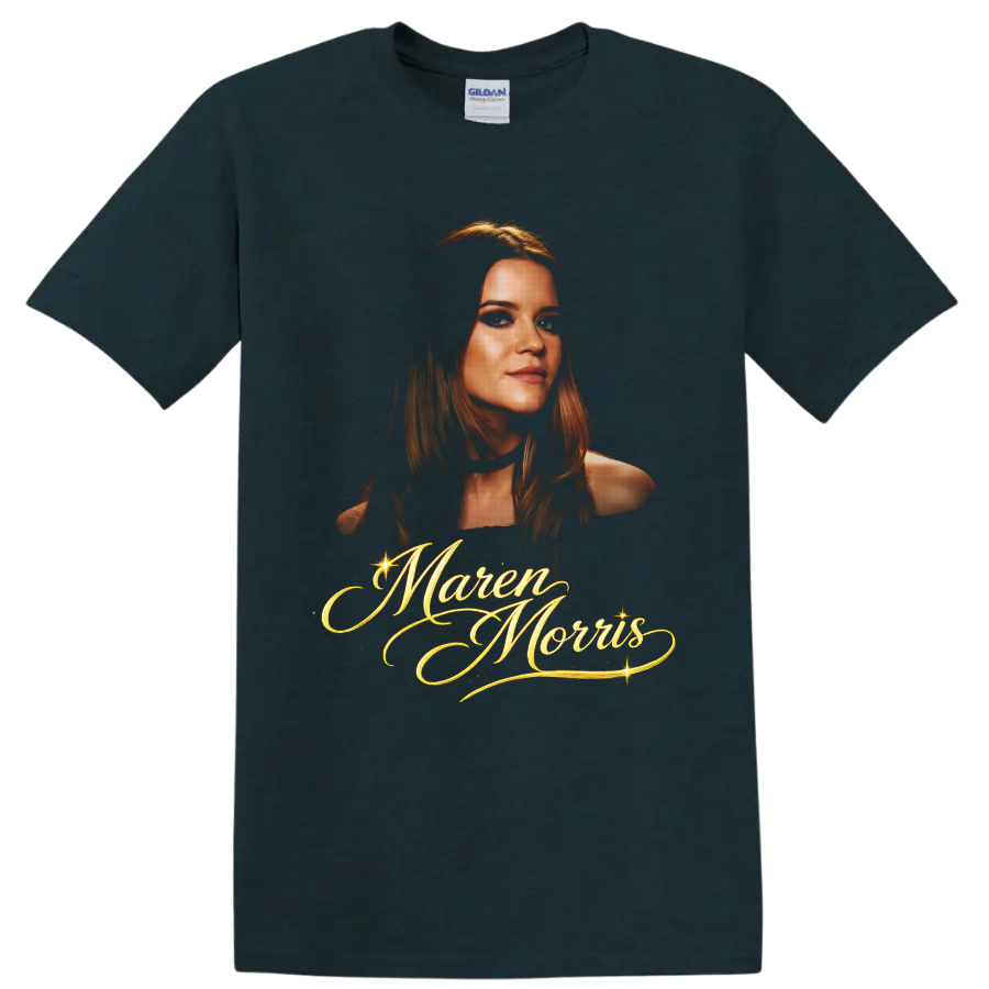 Maren Morris portrait with ornate gold script lettering and sparkling accents on a Midnight (Green) T Shirt