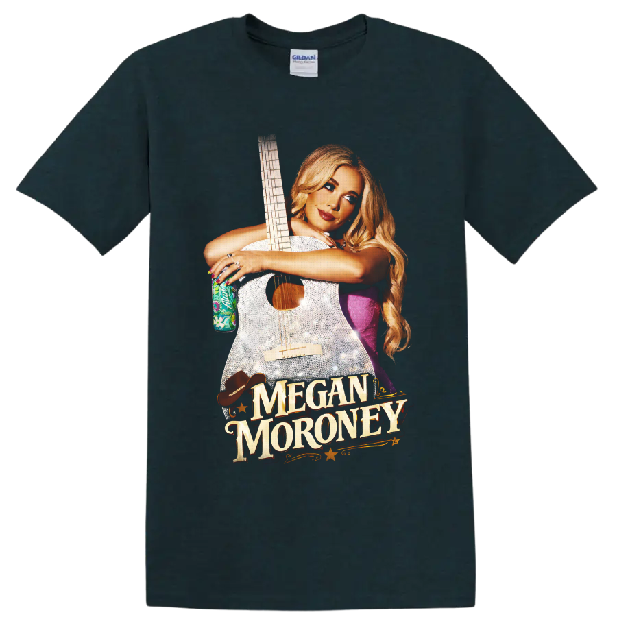 Megan Moroney with sparkling guitar, western hat, stars, and gold name lettering on a Midnight (Green) T Shirt