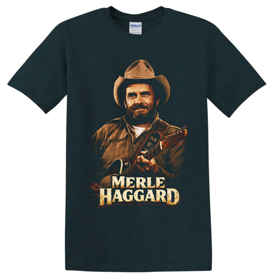 Merle Haggard cowboy hat and guitar portrait with distressed name lettering on a Midnight (Green) T Shirt