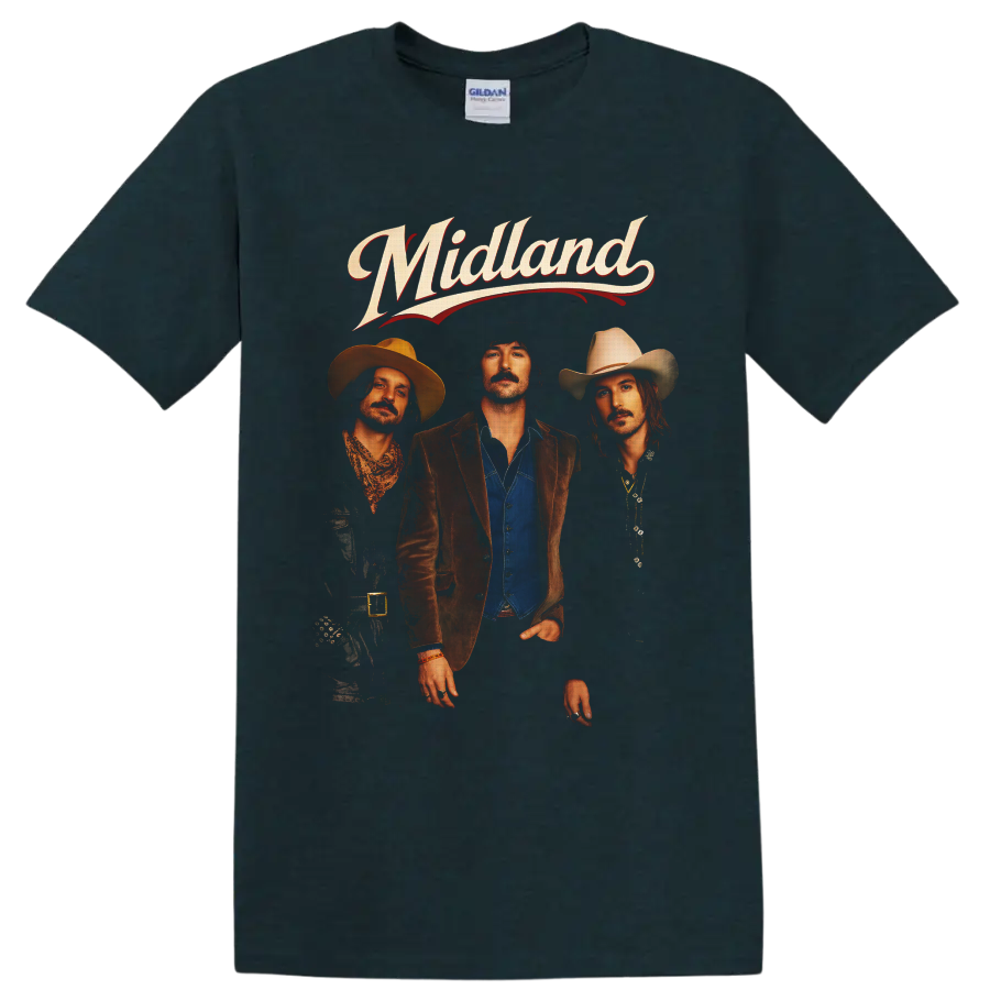 Midland band portrait with cowboy hats and retro western script lettering on a Midnight (Green) T Shirt