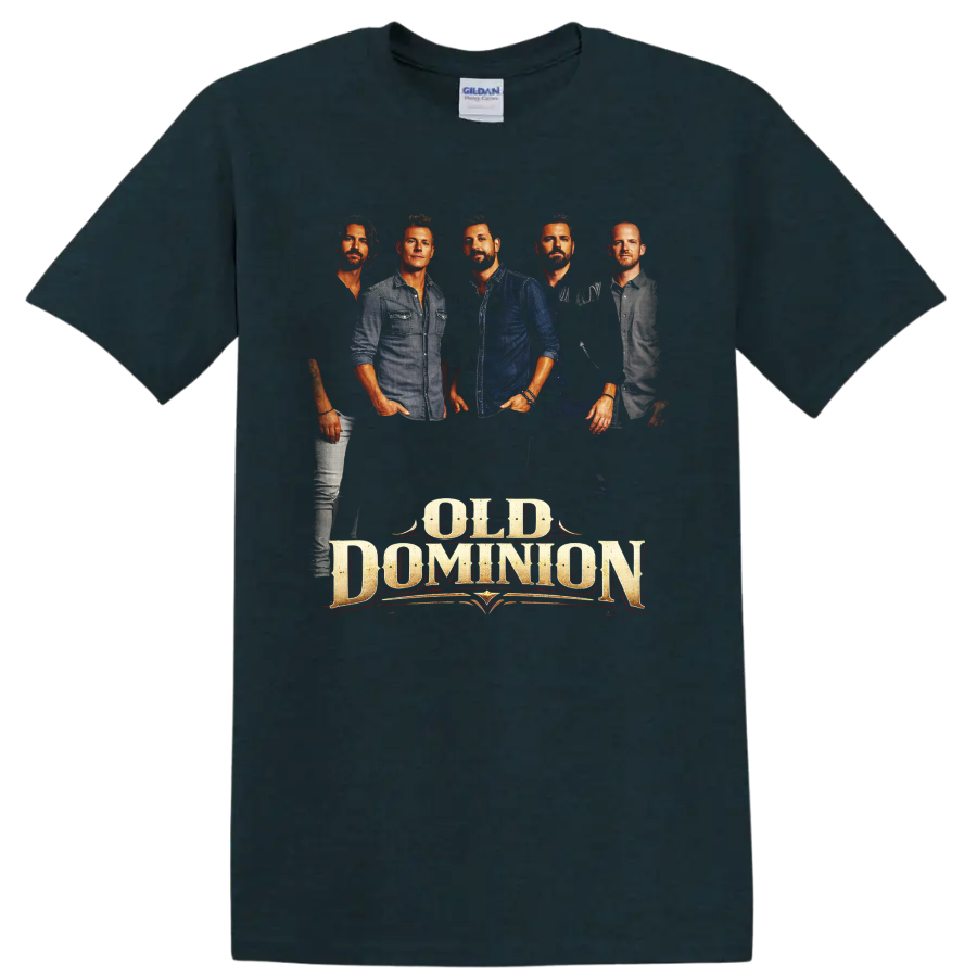 Old Dominion band portraits with distressed western-style Old Dominion wordmark on a Midnight (Green) T Shirt