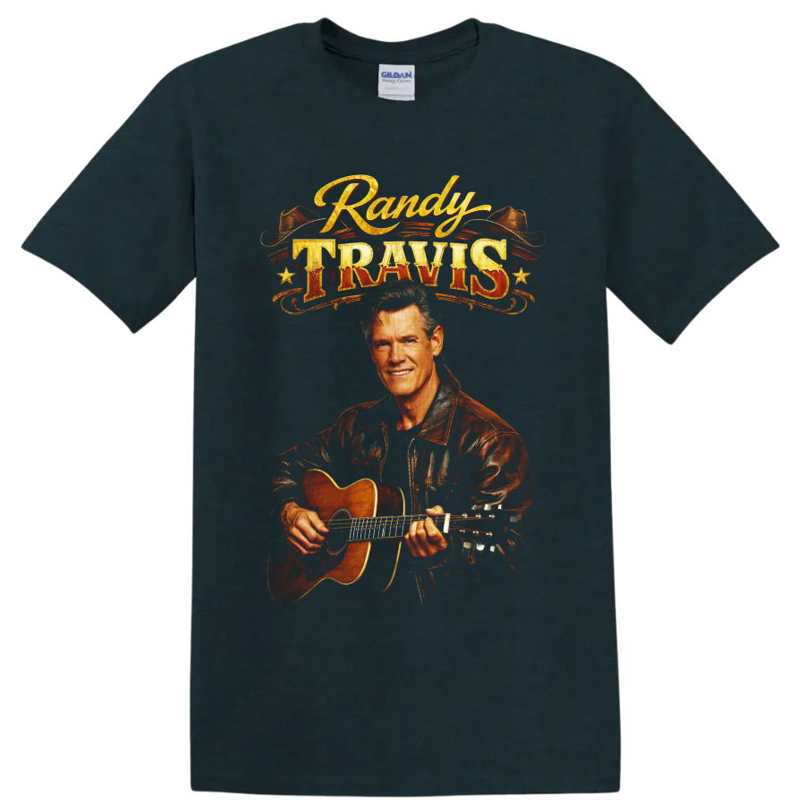 Randy Travis guitar portrait with cowboy hats and distressed western lettering on a Midnight (Green) T Shirt