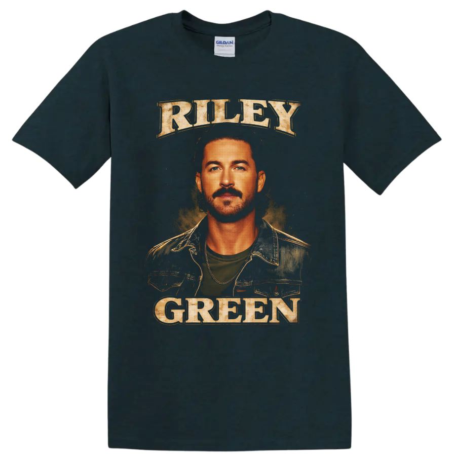 Riley Green portrait with distressed RILEY GREEN lettering in vintage country poster style on a Midnight (Green) T Shirt