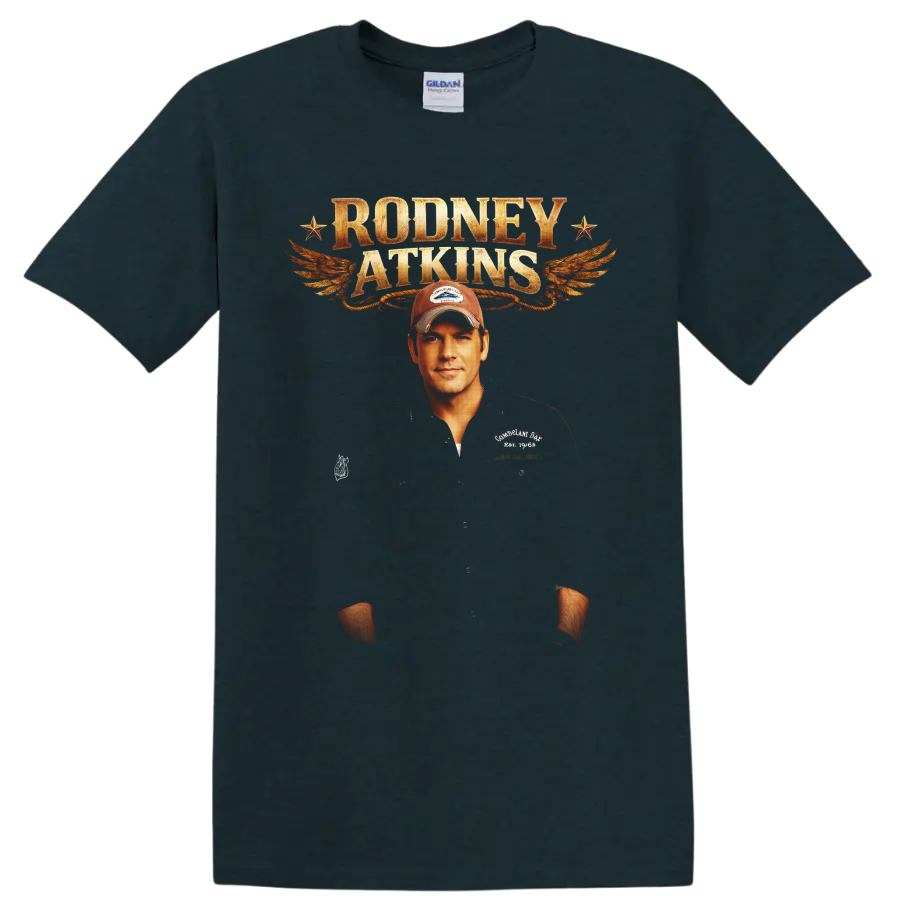Rodney Atkins portrait with distressed lettering, orange wings, and vintage stars on a Midnight (Green) T Shirt