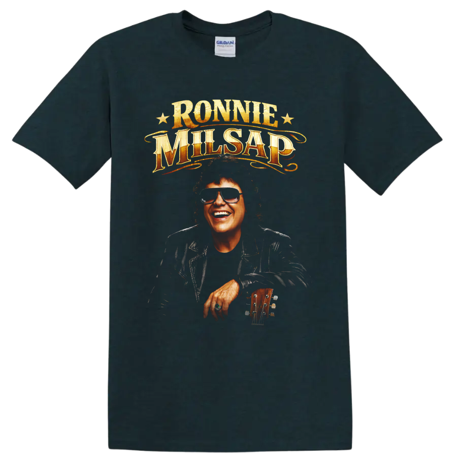 Ronnie Milsap portrait with guitar, gold vintage lettering, and stars on a Midnight (Green) T Shirt