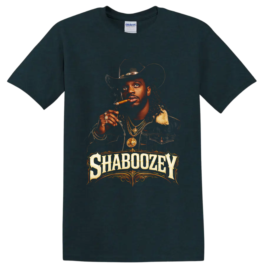 Shaboozey cowboy hat portrait with cigar, gold chains, and ornate western lettering on a Midnight (Green) T Shirt