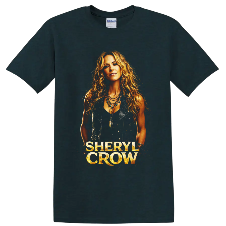 Sheryl Crow portrait with western jewelry, feather pendants, and gold name lettering on a Midnight (Green) T Shirt