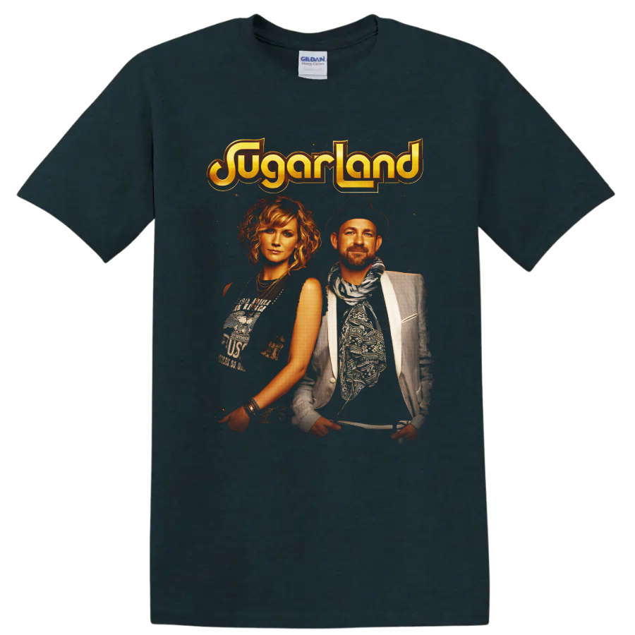 Sugarland duo portraits with distressed golden logo in vintage country concert style on a Midnight (Green) T Shirt
