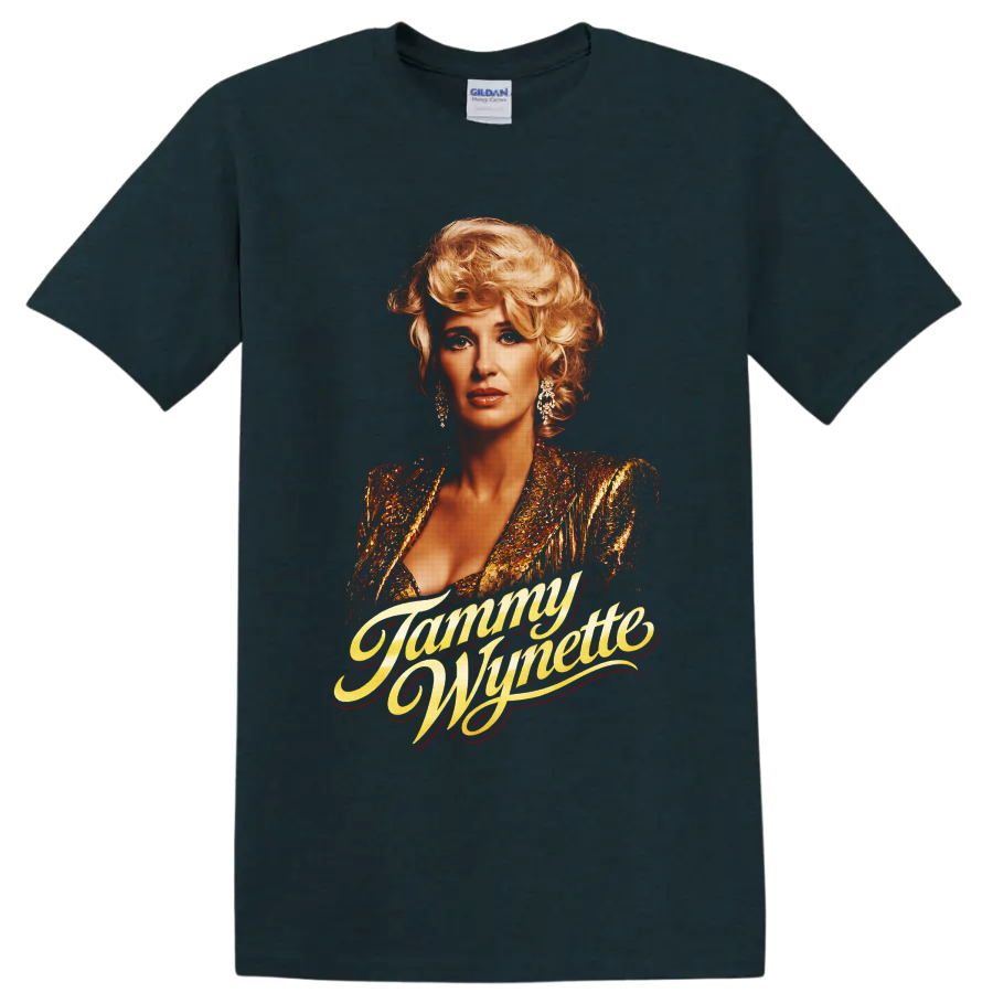 Tammy Wynette portrait in gold stage glamour with flowing name script on a Midnight (Green) T Shirt