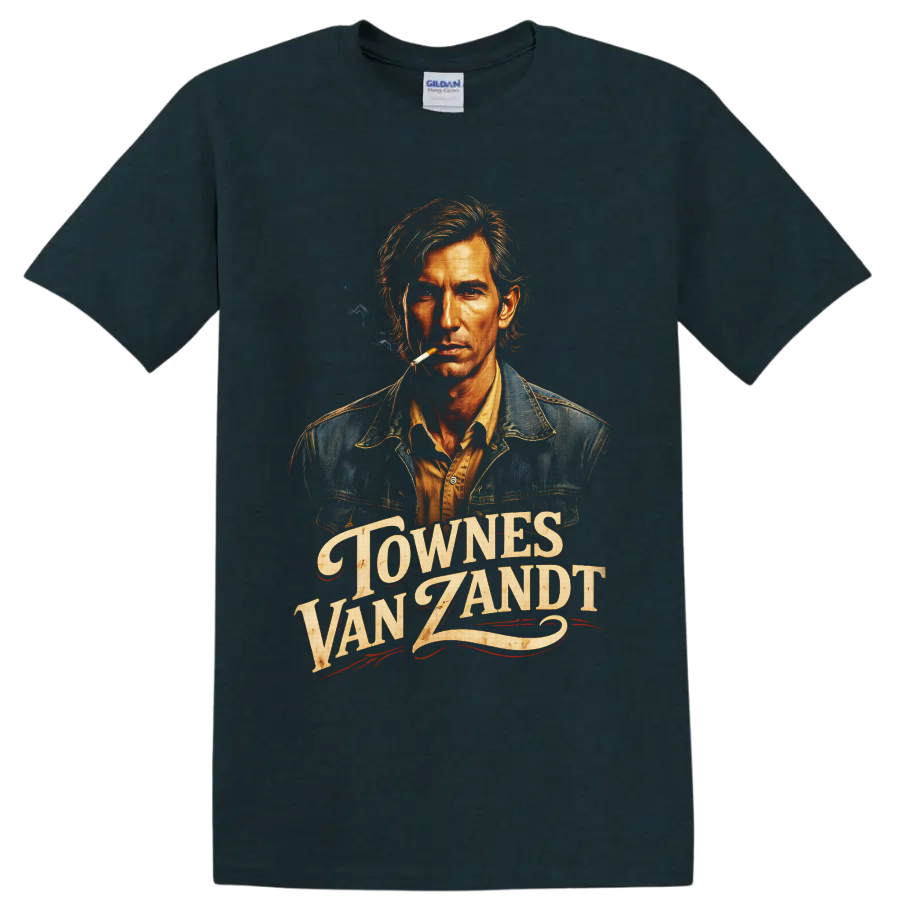Townes Van Zandt portrait with distressed western lettering and smoky vintage folk art on a Midnight (Green) T Shirt