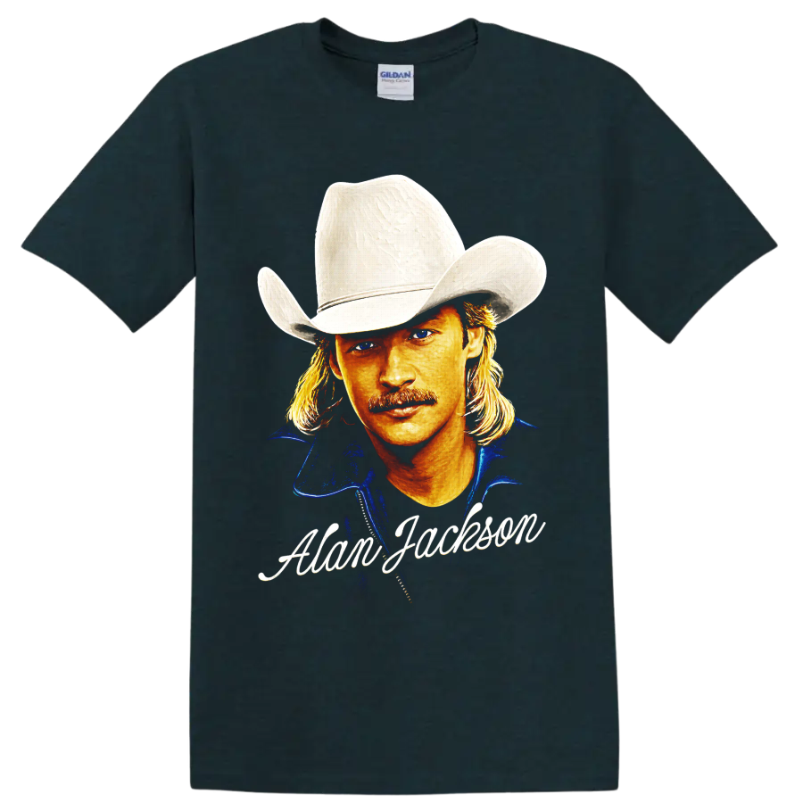 Alan Jackson painted cowboy hat portrait with signature-style lettering on a Midnight (Green) T Shirt