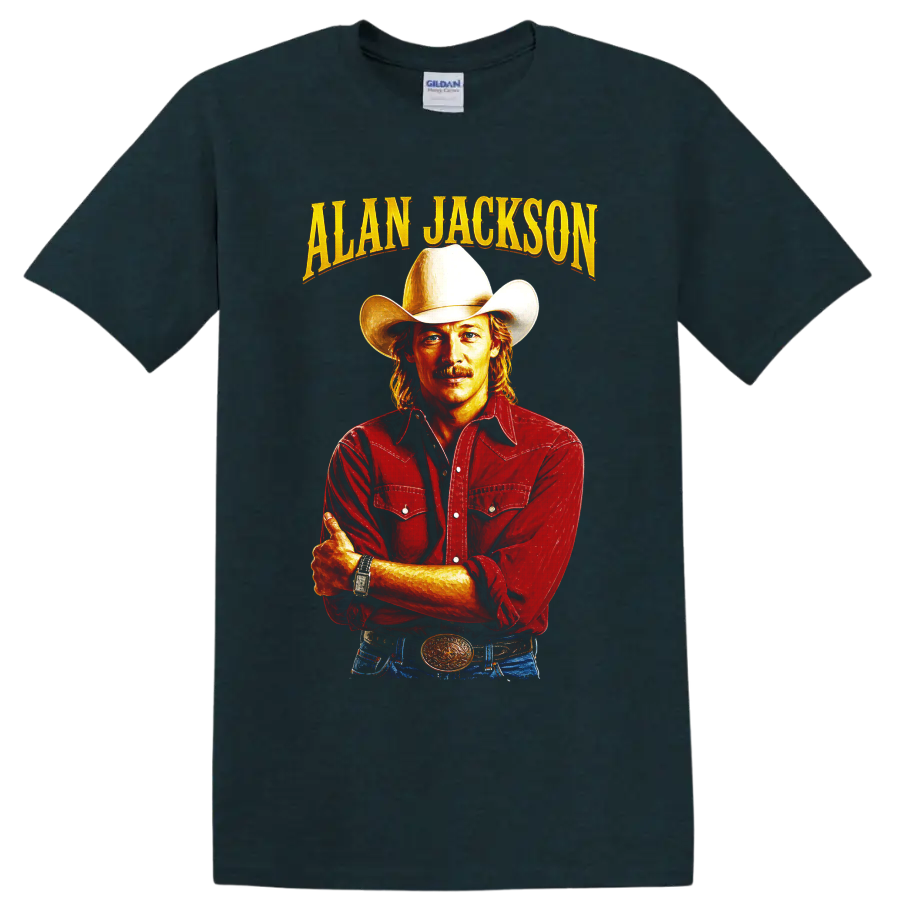 Alan Jackson cowboy hat portrait with gold lettering and red Western shirt on a Midnight (Green) T Shirt