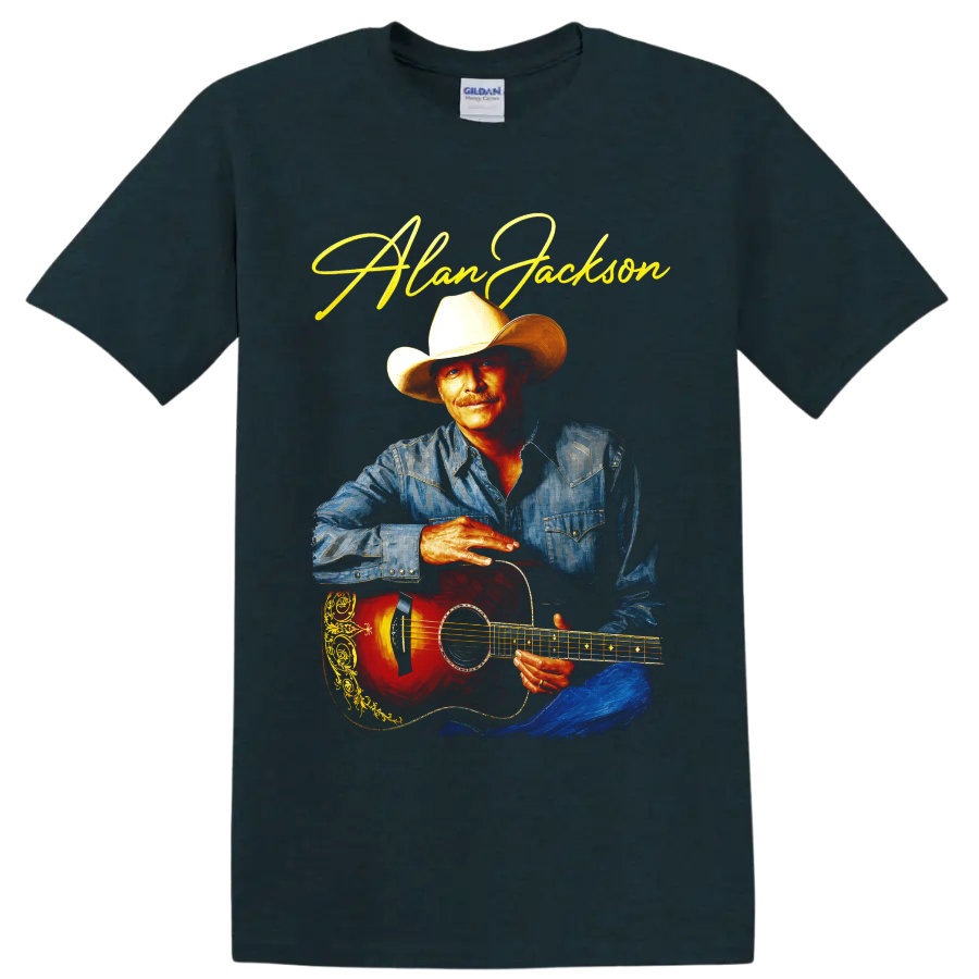 Alan Jackson painterly country portrait with cowboy hat, denim shirt, guitar and gold on a Midnight (Green) T Shirt