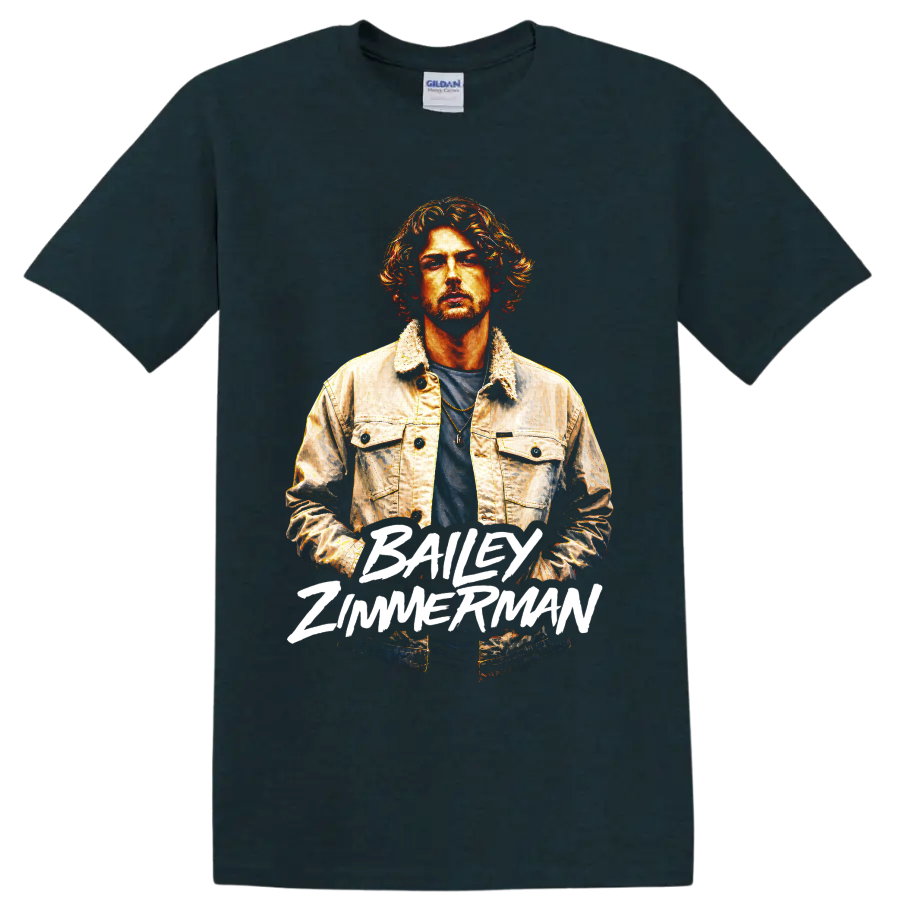Bailey Zimmerman painted country singer portrait with bold white name lettering on a Midnight (Green) T Shirt