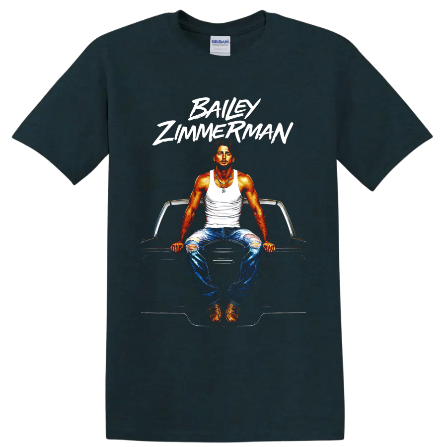 Bailey Zimmerman portrait seated on a classic car with bold white brush lettering on a Midnight (Green) T Shirt