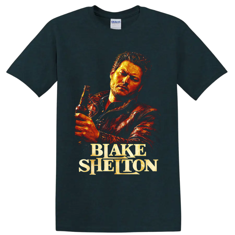 Blake Shelton holding a beer bottle in fiery textured country portrait art on a Midnight (Green) T Shirt
