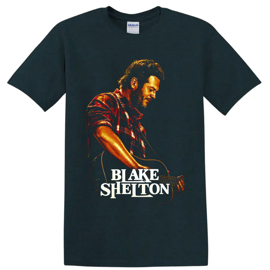 Blake Shelton guitar performance portrait in fiery concert-poster style with name on a Midnight (Green) T Shirt