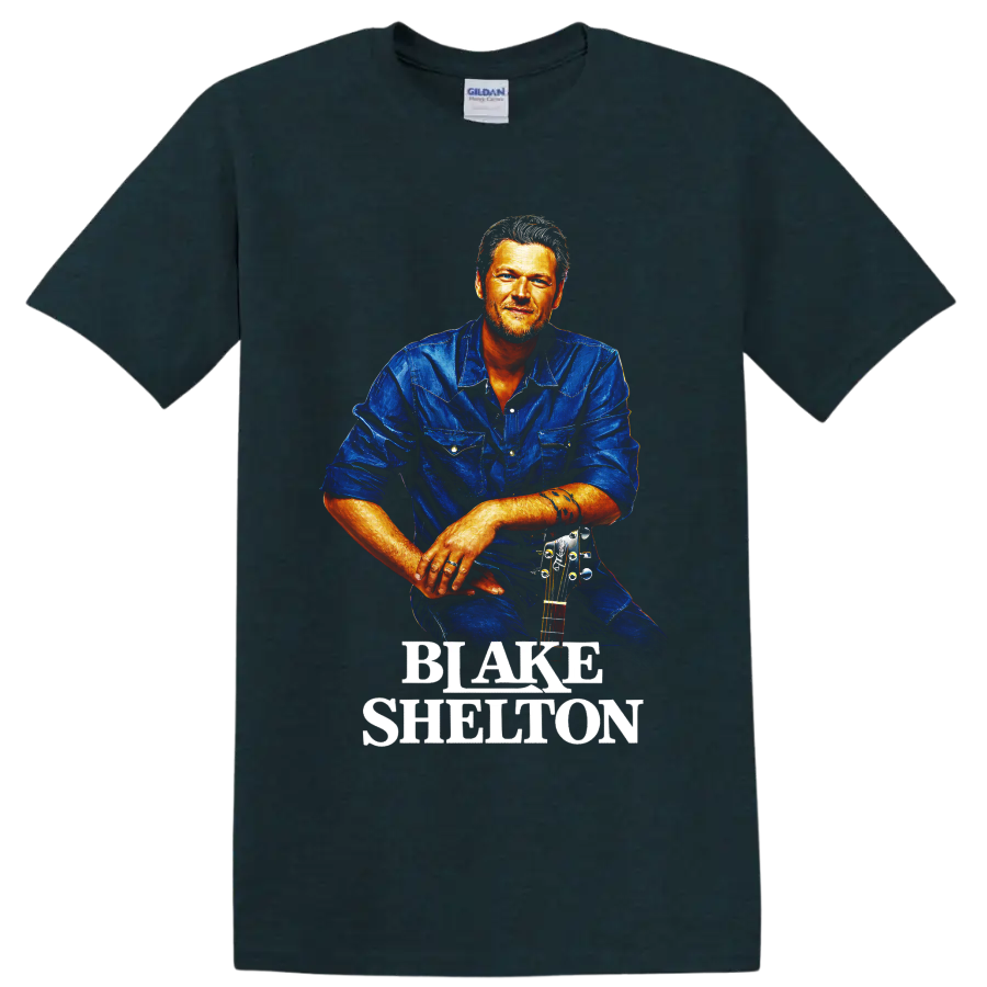 Blake Shelton painterly country singer portrait with acoustic guitar and name lettering on a Midnight (Green) T Shirt