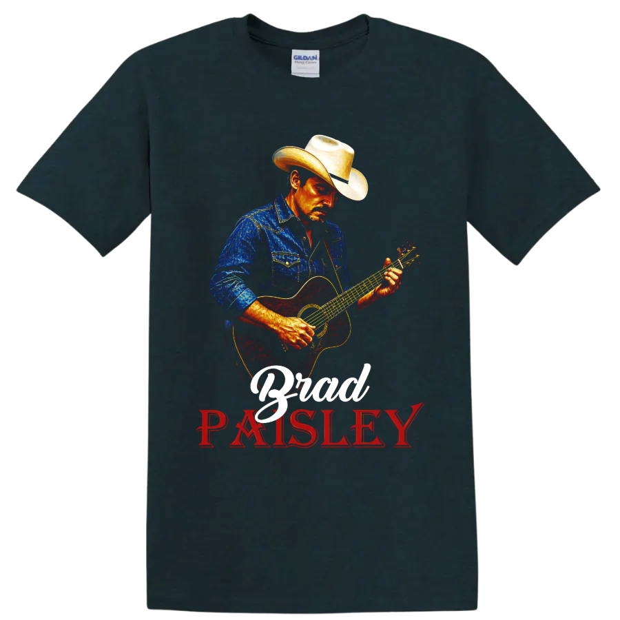 Brad Paisley cowboy-hatted guitarist in vivid western art with acoustic guitar lettering on a Midnight (Green) T Shirt