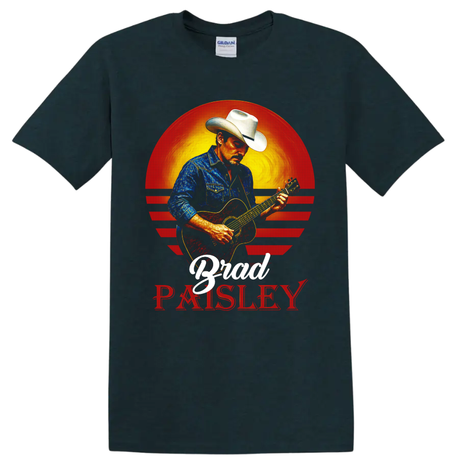 Brad Paisley playing acoustic guitar in cowboy hat before a retro western sunset on a Midnight (Green) T Shirt