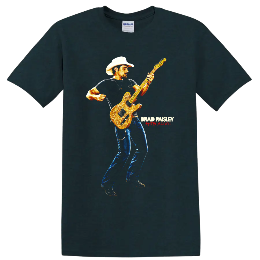 Brad Paisley cowboy-hatted guitarist with ornate golden electric guitar artwork on a Midnight (Green) T Shirt