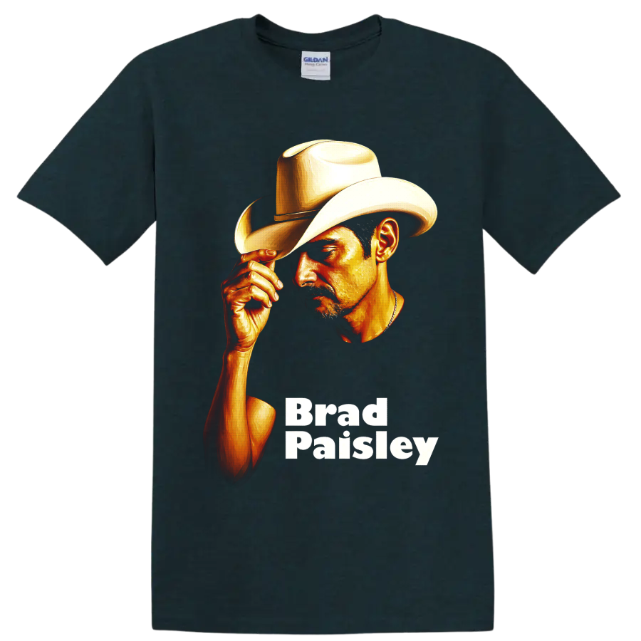 Brad Paisley painted cowboy hat portrait with warm gold highlights and name text on a Midnight (Green) T Shirt
