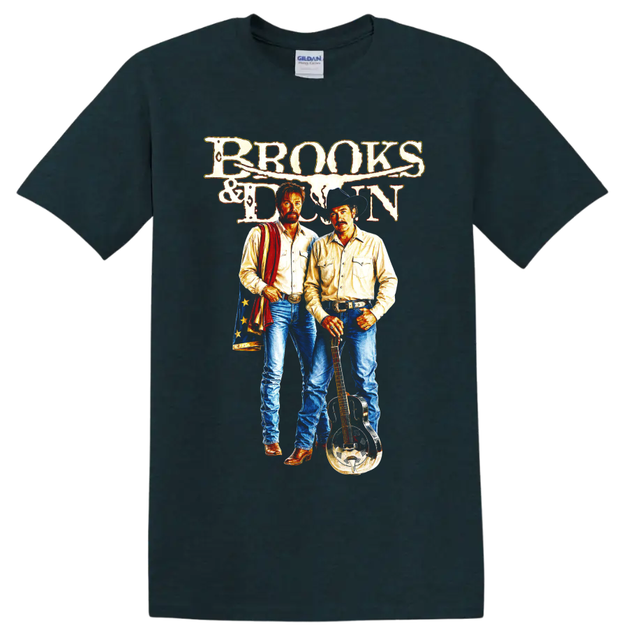 Brooks & Dunn vintage western duo art with cowboy hat, resonator guitar, and distressed on a Midnight (Green) T Shirt