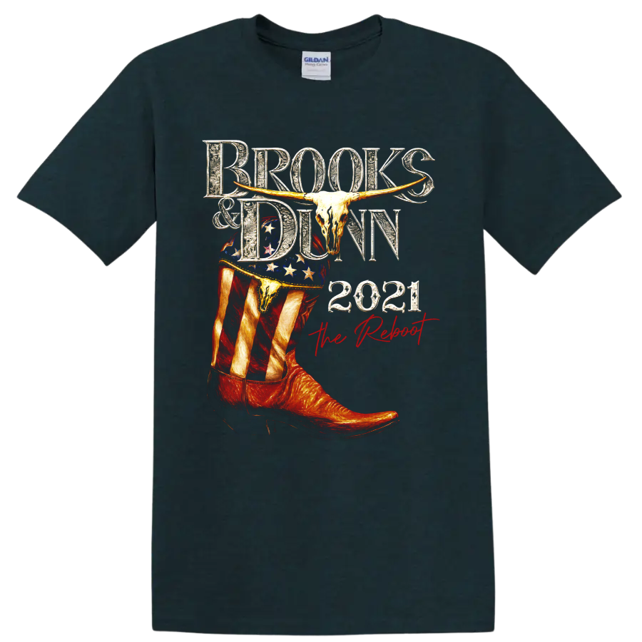 Brooks & Dunn The Reboot 2021 western cowboy boot, longhorn skull, and stars graphic on a Midnight (Green) T Shirt