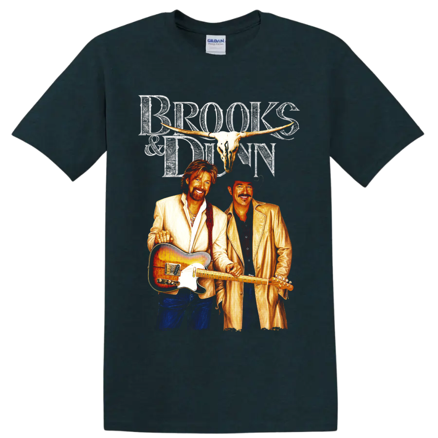 Brooks & Dunn western concert art with longhorn skull, guitar, and ornate lettering on a Midnight (Green) T Shirt