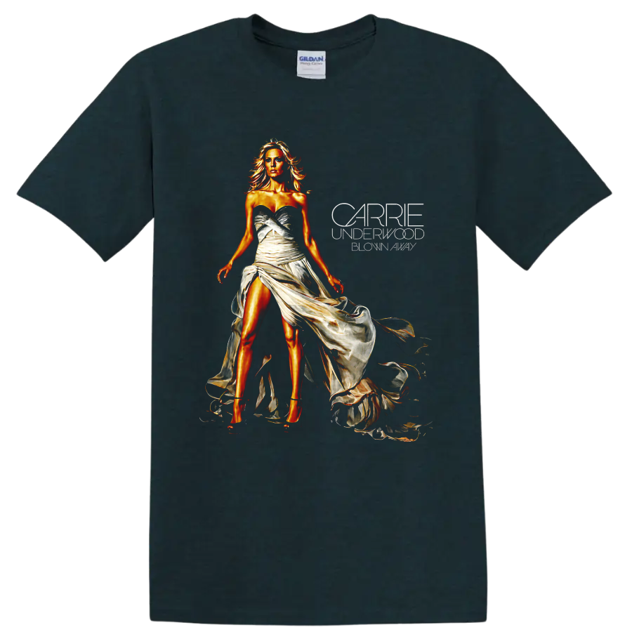Carrie Underwood in a flowing ivory gown with glowing golden concert portrait art on a Midnight (Green) T Shirt