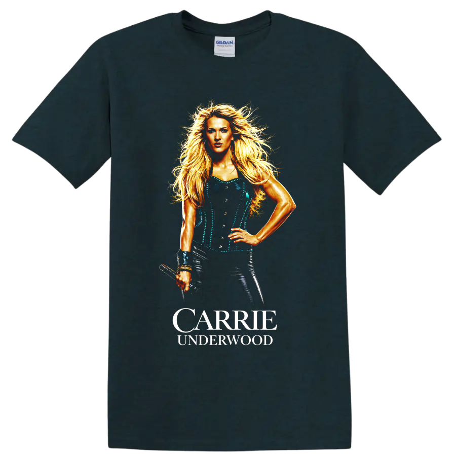 Carrie Underwood portrait illustration with flowing blonde hair and bold name lettering on a Midnight (Green) T Shirt