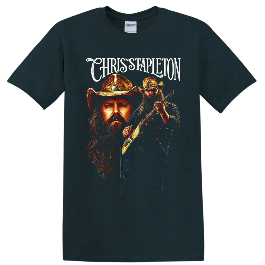 Chris Stapleton painted guitarist portrait in a western hat with ornate name lettering on a Midnight (Green) T Shirt