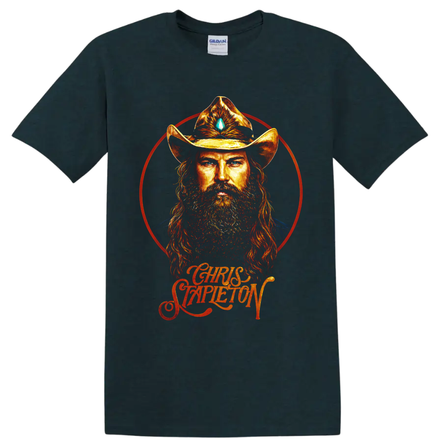 Chris Stapleton fiery cowboy hat portrait with red halo and script lettering on a Midnight (Green) T Shirt