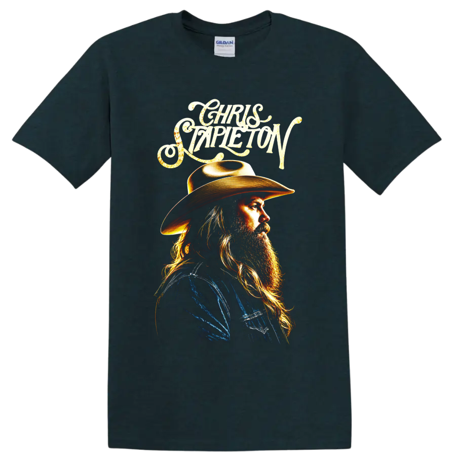 Chris Stapleton cowboy hat portrait with ornate script and golden country music artwork on a Midnight (Green) T Shirt