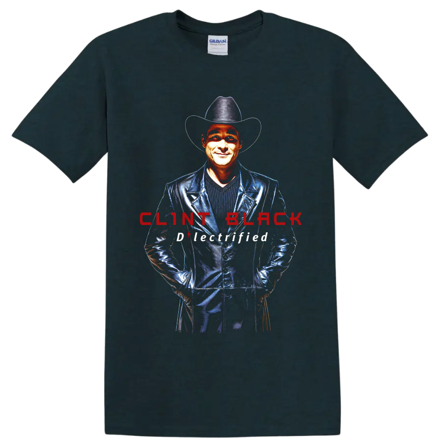 Clint Black cowboy hat portrait with red lettering and Electrified text on a Midnight (Green) T Shirt