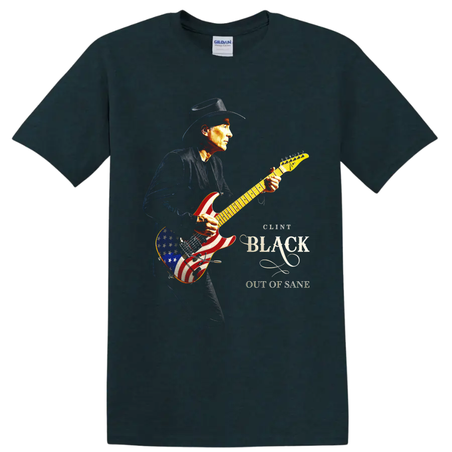 Clint Black cowboy-hatted guitarist with patriotic American flag electric guitar artwork on a Midnight (Green) T Shirt
