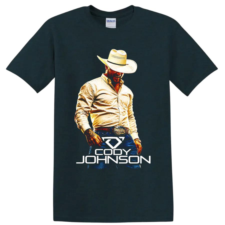Cody Johnson painted country singer portrait in cowboy hat with Western name graphic on a Midnight (Green) T Shirt