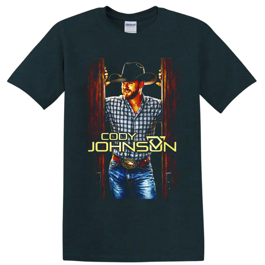 Cody Johnson cowboy portrait with black hat, plaid shirt, rustic red doors, and gold on a Midnight (Green) T Shirt