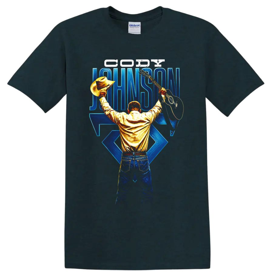 Cody Johnson cowboy performer holding hat and guitar with blue concert lettering on a Midnight (Green) T Shirt