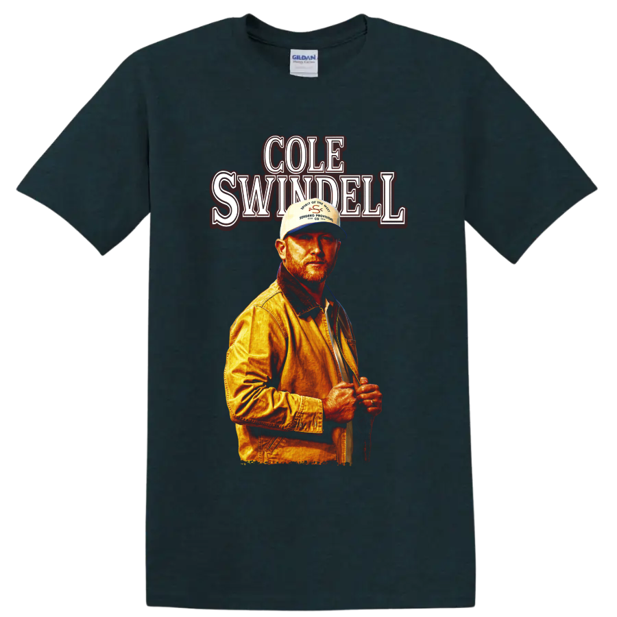 Cole Swindell portrait with vintage red name lettering and warm concert poster styling on a Midnight (Green) T Shirt