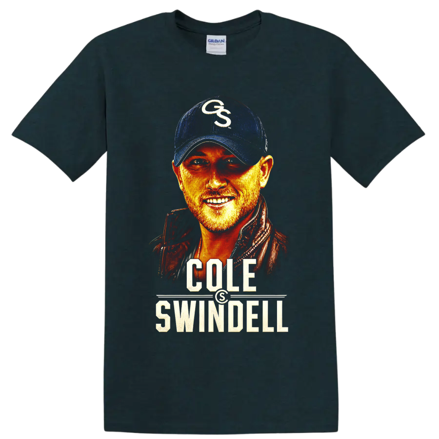 Cole Swindell country singer portrait with fiery colors and bold name lettering on a Midnight (Green) T Shirt