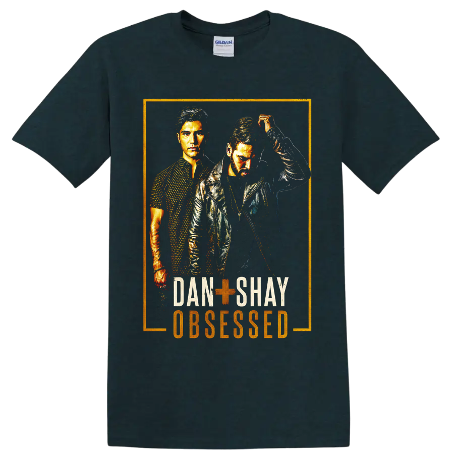 Dan + Shay duo portraits in distressed gold concert-poster art with Obsesssed text on a Midnight (Green) T Shirt