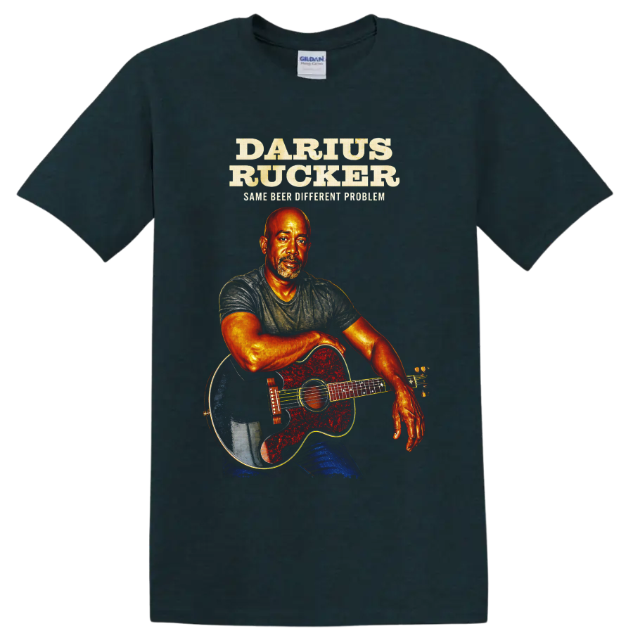 Darius Rucker illustrated guitar portrait with Same Beer Different Problem text on a Midnight (Green) T Shirt