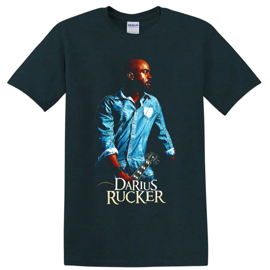 Darius Rucker guitar portrait in vivid blue and red concert-poster style on a Midnight (Green) T Shirt