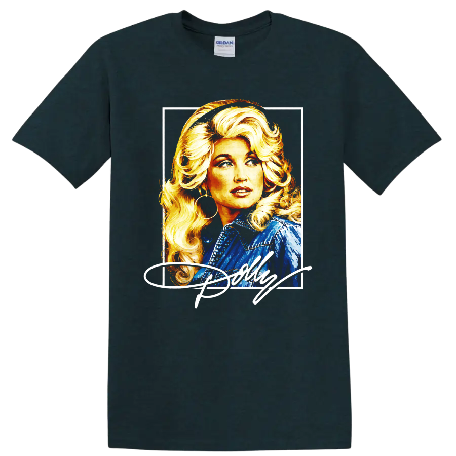 Dolly Parton retro painted portrait with blonde curls and blue western jacket on a Midnight (Green) T Shirt