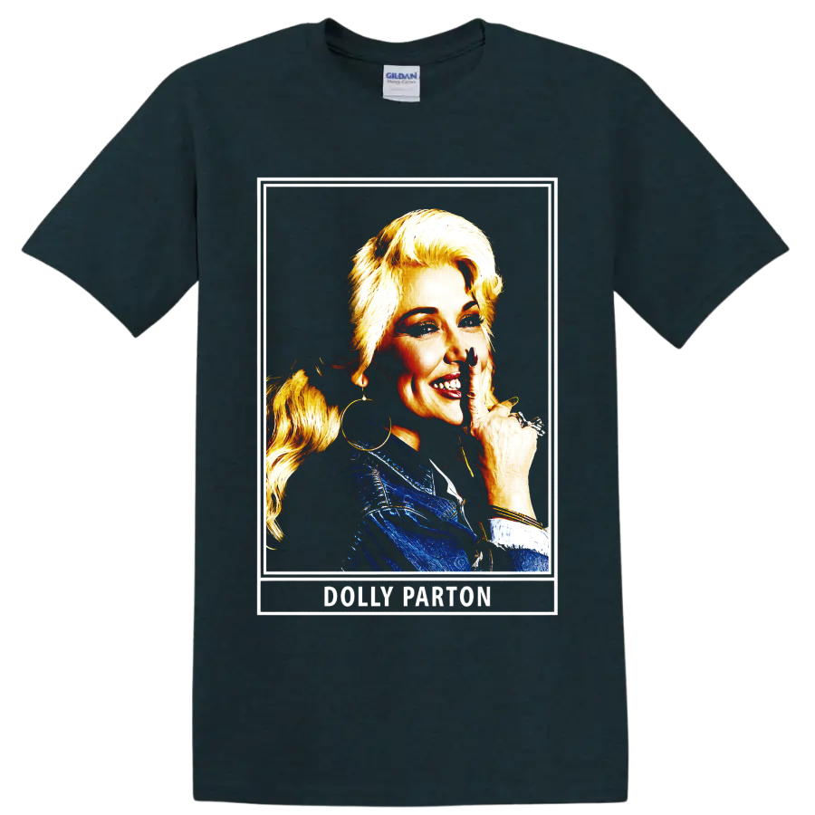 Dolly Parton portrait in blue outfit with gold highlights and framed retro artwork on a Midnight (Green) T Shirt