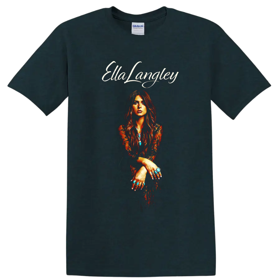 Ella Langley portrait in fiery western style with white script and turquoise jewelry on a Midnight (Green) T Shirt