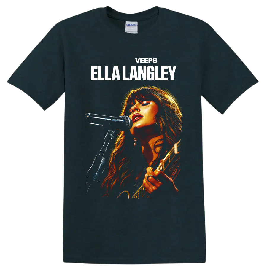 Ella Langley live country singer portrait with microphone, guitar, and bold name text on a Midnight (Green) T Shirt