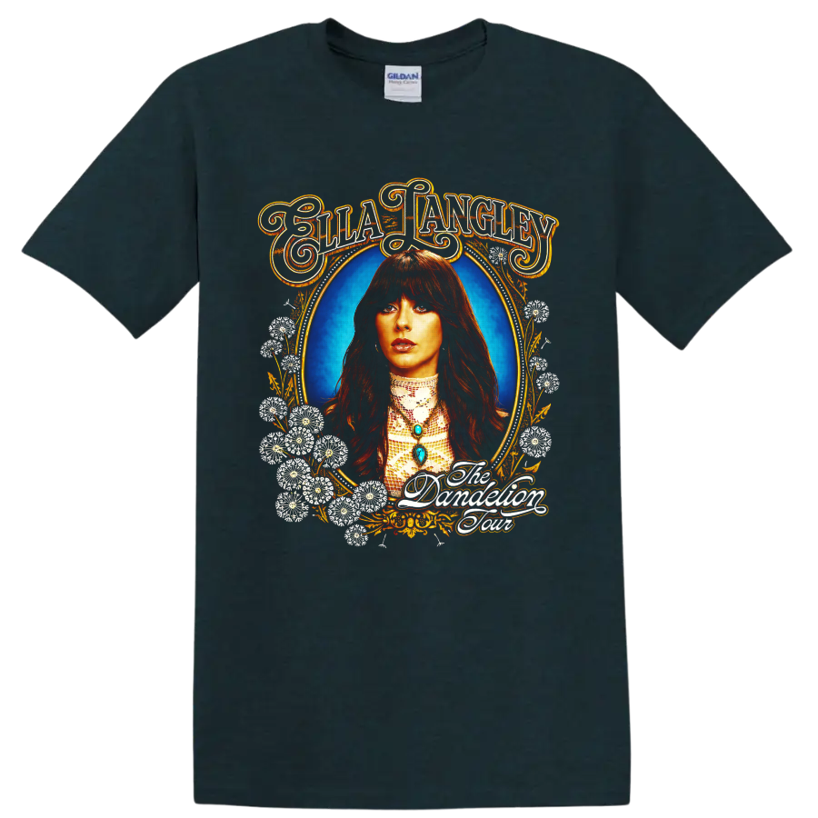 Ella Langley portrait with floral Western frame and The Damnation Tour lettering on a Midnight (Green) T Shirt
