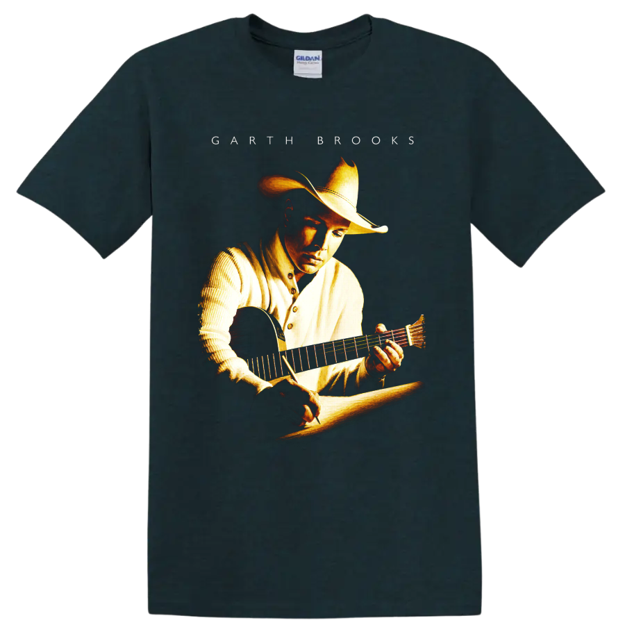 Garth Brooks cowboy hat and acoustic guitar portrait in warm Western illustration on a Midnight (Green) T Shirt